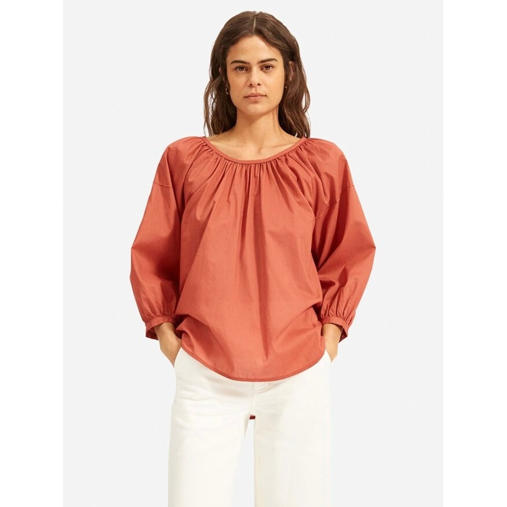 Everlane The Ruched Air Blouse Cotton Peasant Blouse Terracotta Puff Sleeve 10